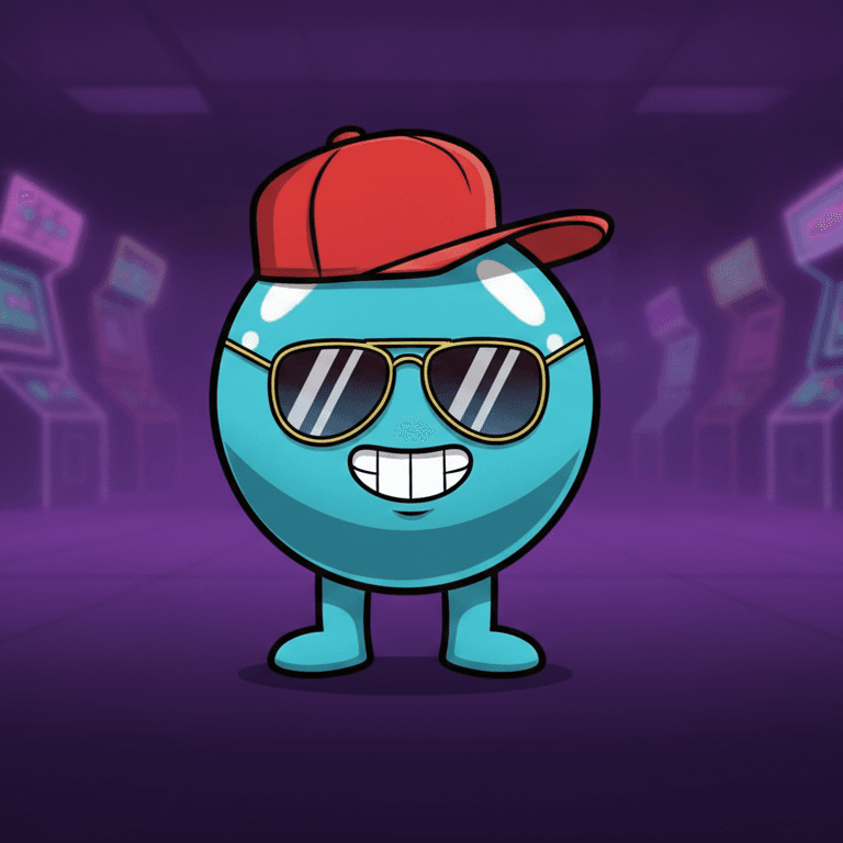 A grinning blue Gumball character in a red cap and gold aviators in a neon arcade