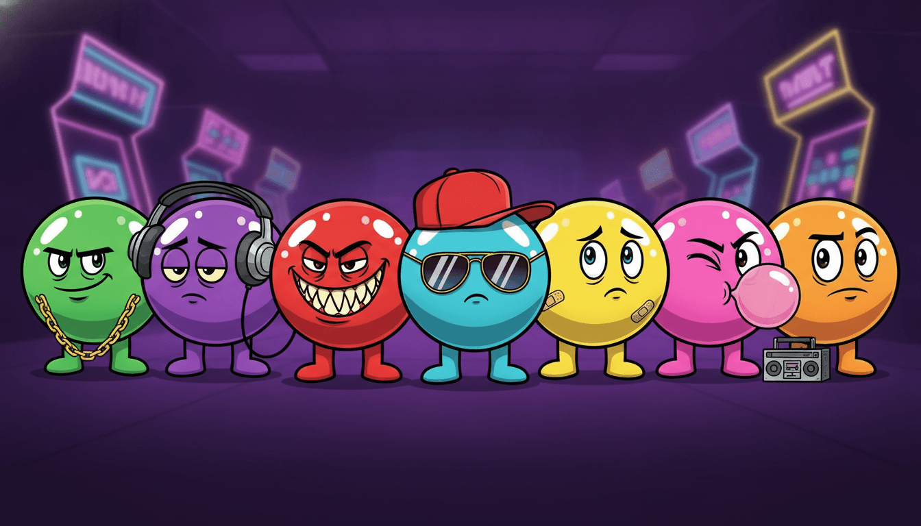 The Gumballs squad — seven colored Gumball characters in a neon arcade